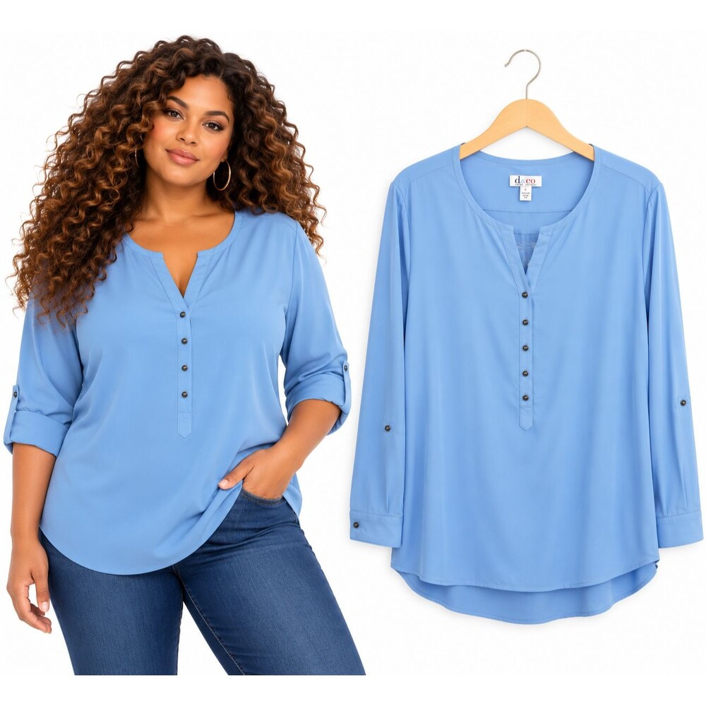 New Denim & Co D&CO Split Neck Henley Blouse Size Large Roll Tab Sleeves